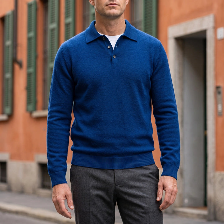 Crispin Wool Button Polo Sweater - Dark Blue