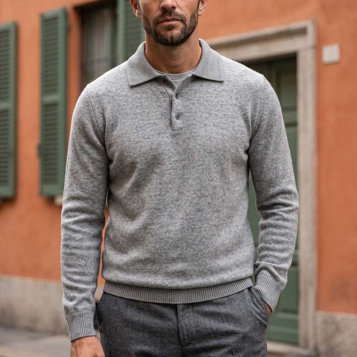 Crispin Wool Button Polo Sweater - Gray