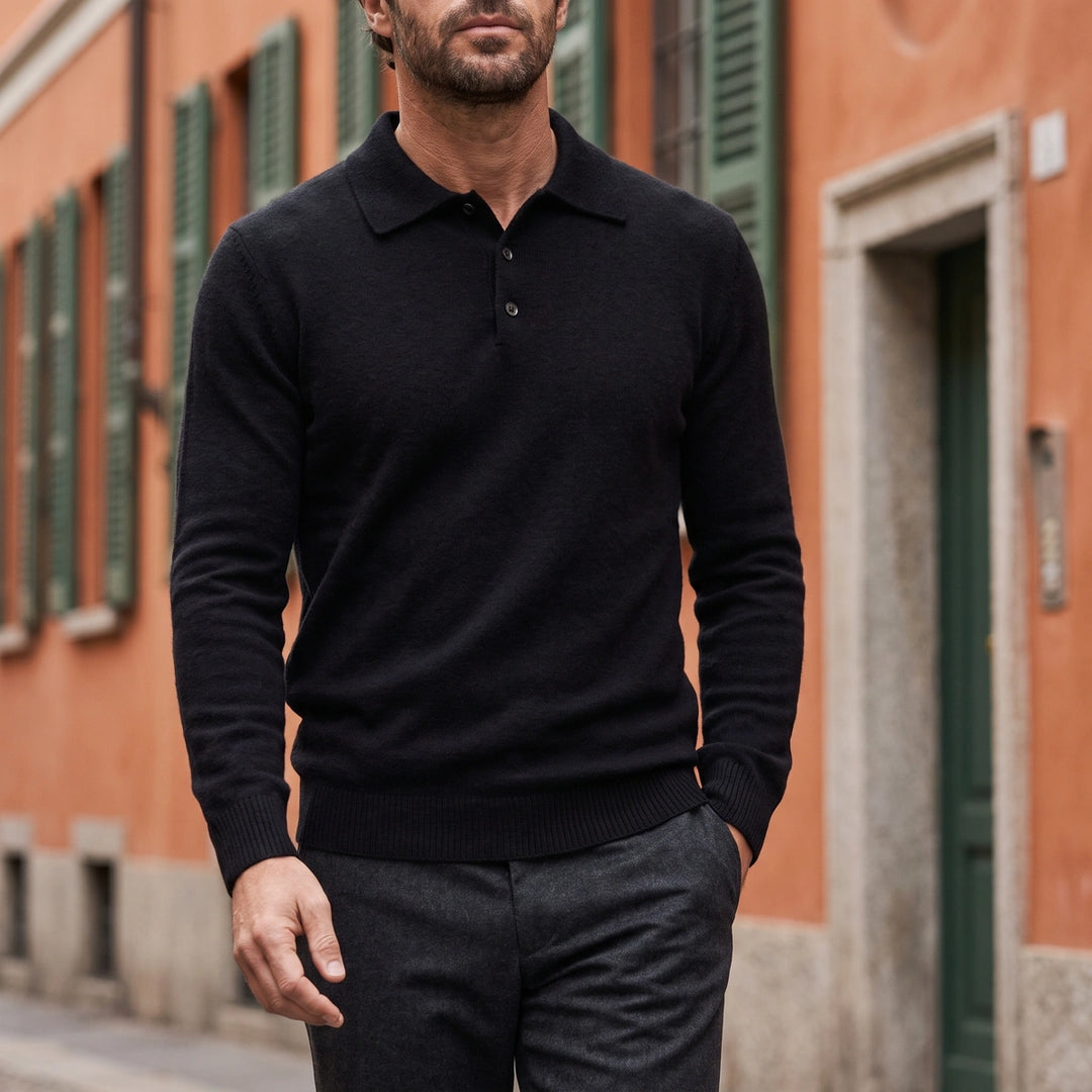 Crispin Wool Button Polo Sweater - Black