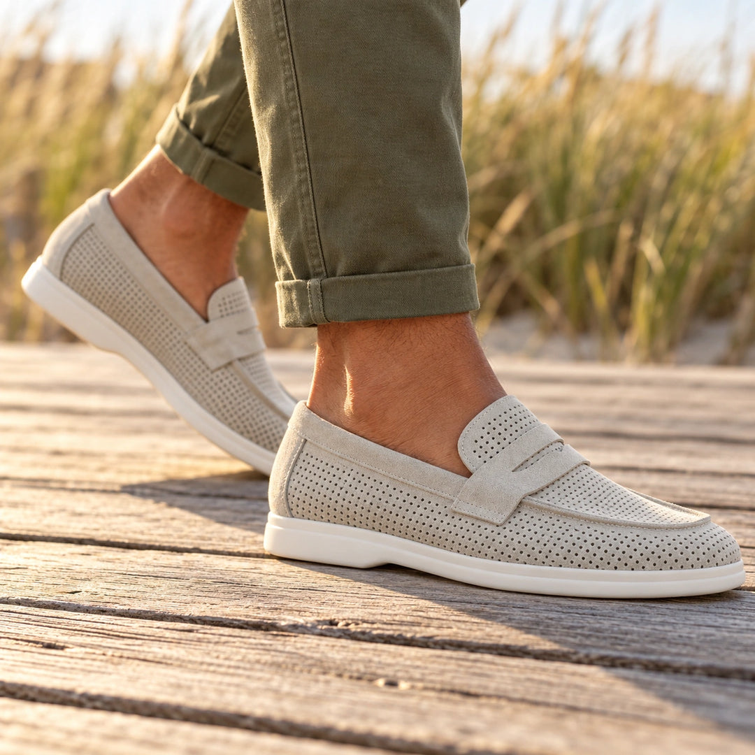 Cyril Breathable Suede Penny Loafers - Beige