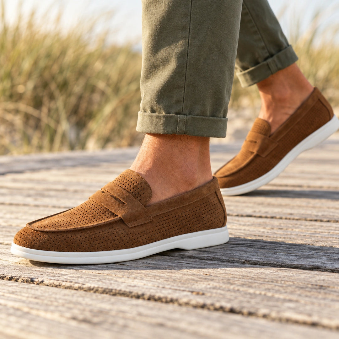 Cyril Breathable Suede Penny Loafers - Brown