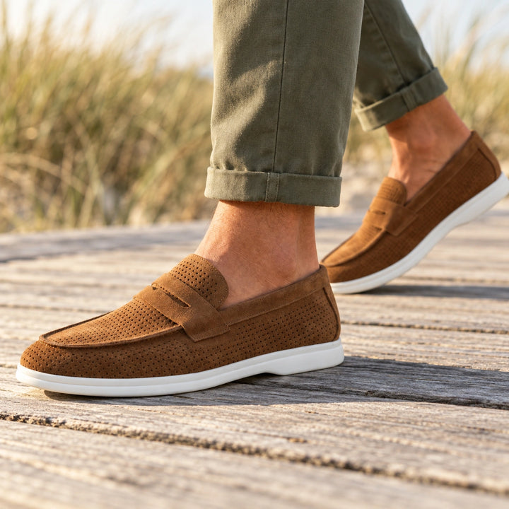 Cyril Breathable Suede Penny Loafers - Brown