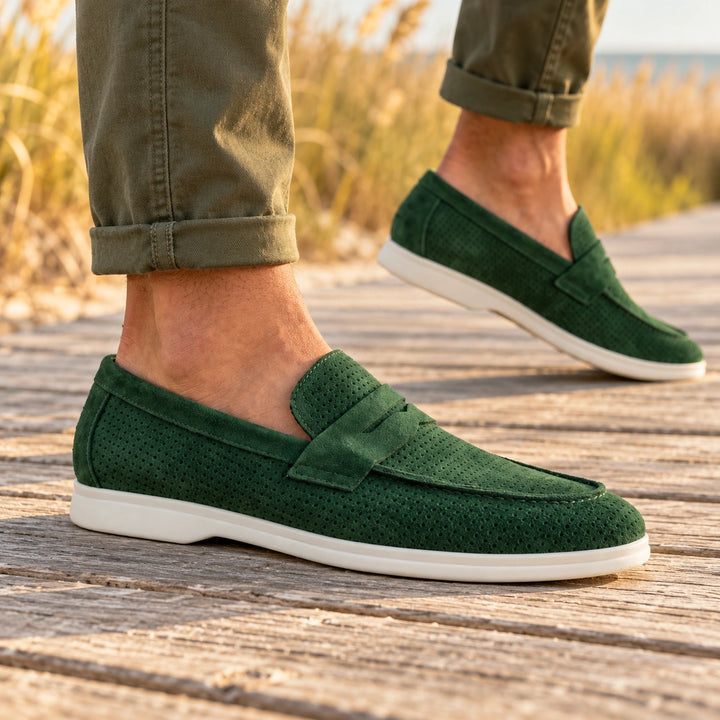Cyril Breathable Suede Penny Loafers - Green