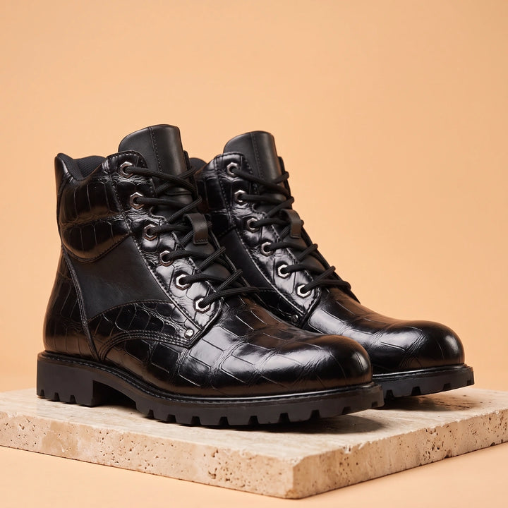 Dashiell Croc Embossed Lace Up Boots - Black
