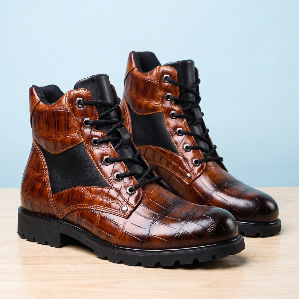 Dashiell Croc Embossed Lace Up Boots - Brown