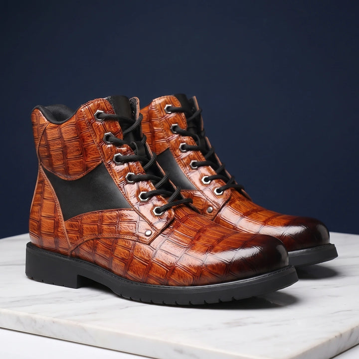 Dashiell Croc Embossed Lace Up Boots - Cognac