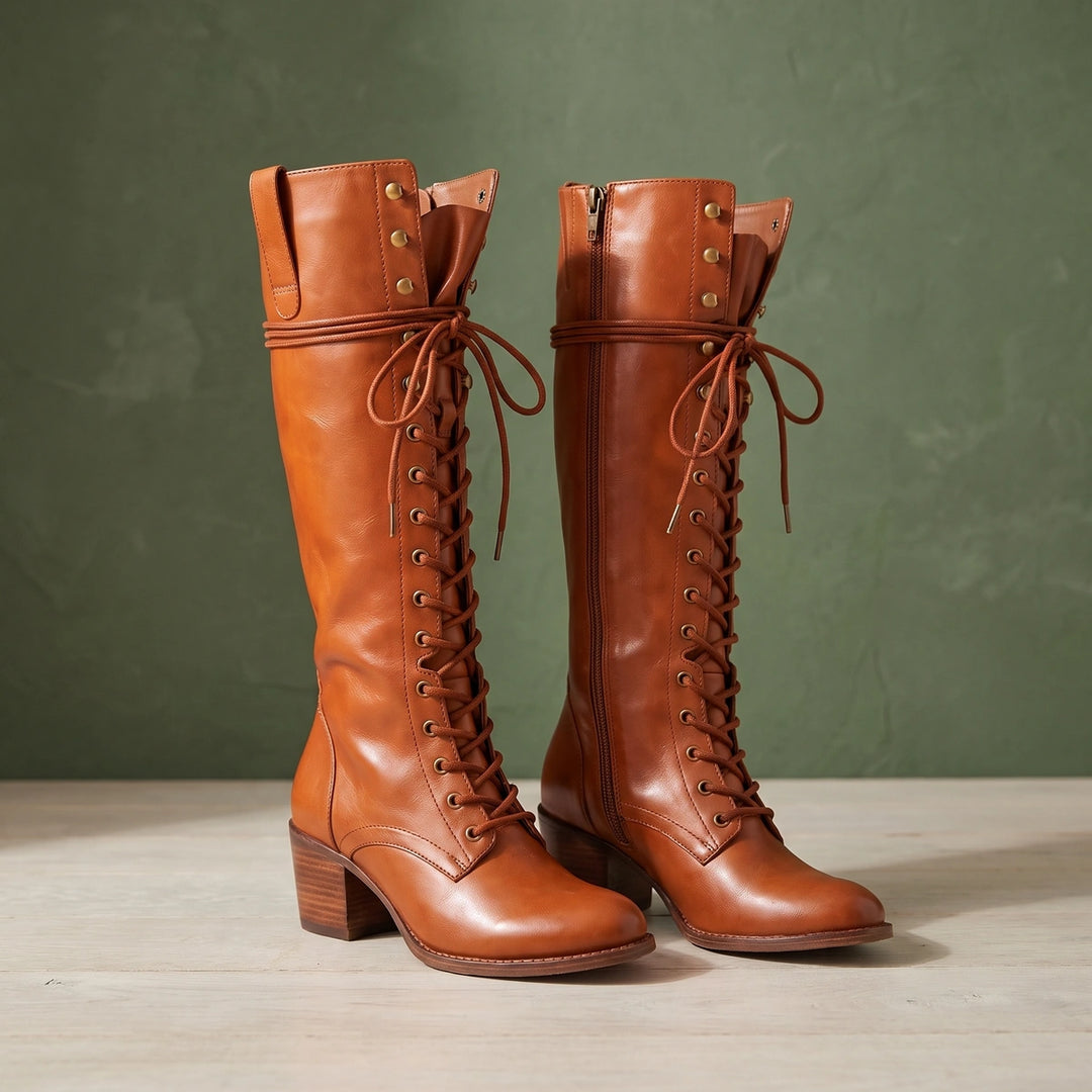 Deborah Vegan Leather Lace Up Tall Boots - Cognac