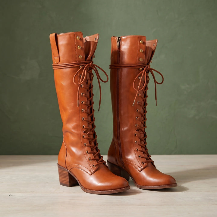Deborah Vegan Leather Lace Up Tall Boots - Cognac