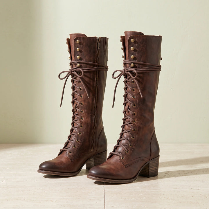 Deborah Vegan Leather Lace Up Tall Boots - Dark Brown