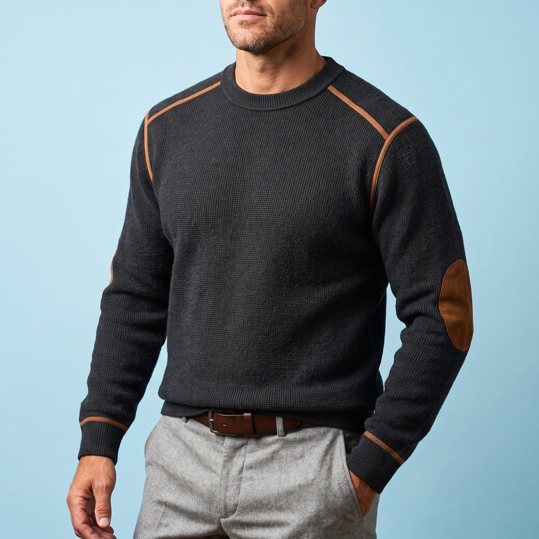 Declan Waffle Knit Elbow Patch Sweater - Black