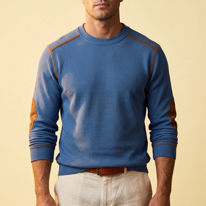 Declan Waffle Knit Elbow Patch Sweater - Blue
