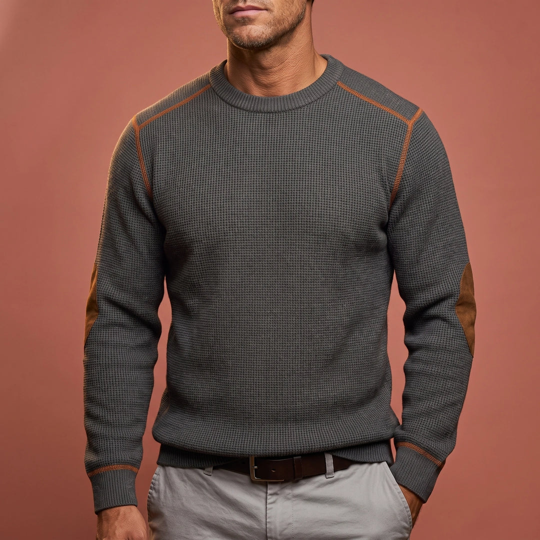 Declan Waffle Knit Elbow Patch Sweater - Gray