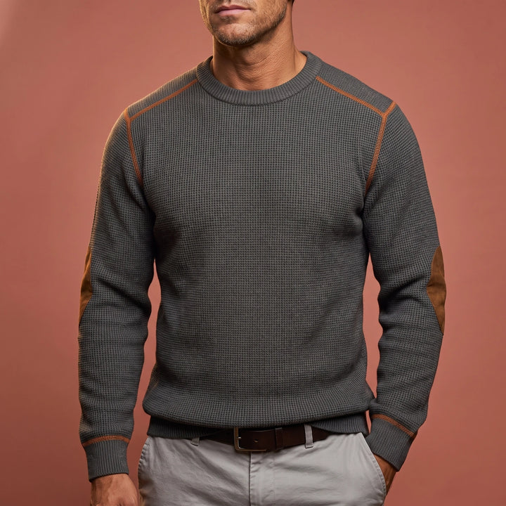 Declan Waffle Knit Elbow Patch Sweater - Gray