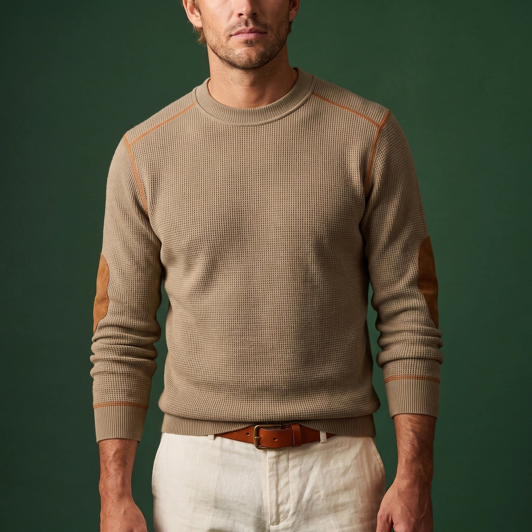 Declan Waffle Knit Elbow Patch Sweater - Khaki