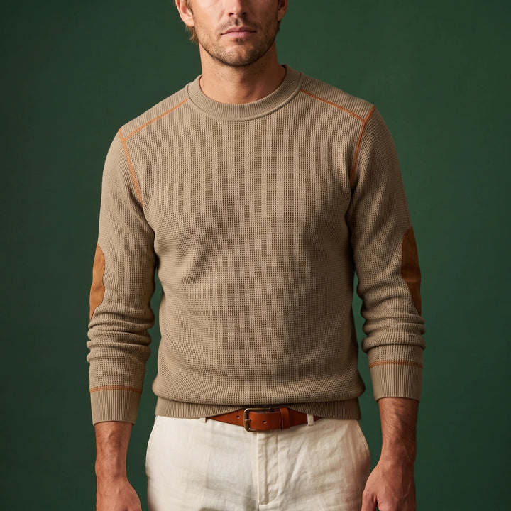 Declan Waffle Knit Elbow Patch Sweater - Khaki