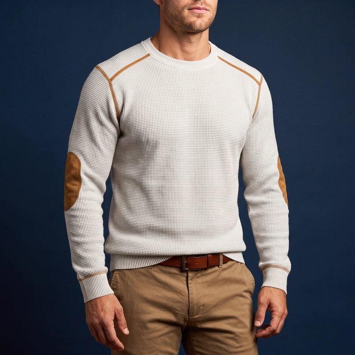 Declan Waffle Knit Elbow Patch Sweater - White