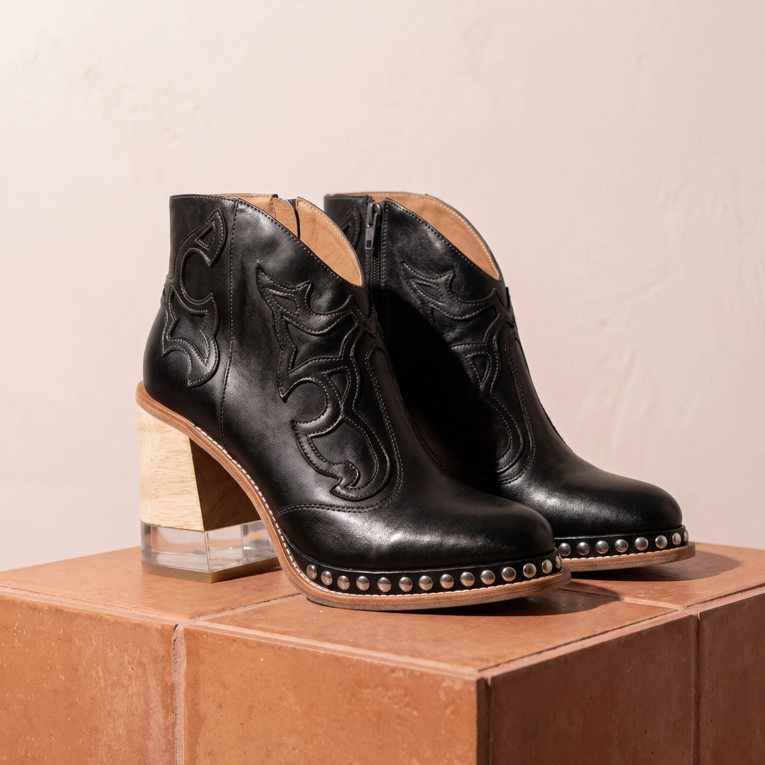 Delfina Stitched Western Wood Heel Studded Booties - Black