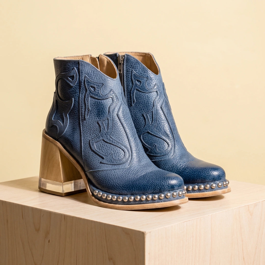 Delfina Stitched Western Wood Heel Studded Booties - Blue