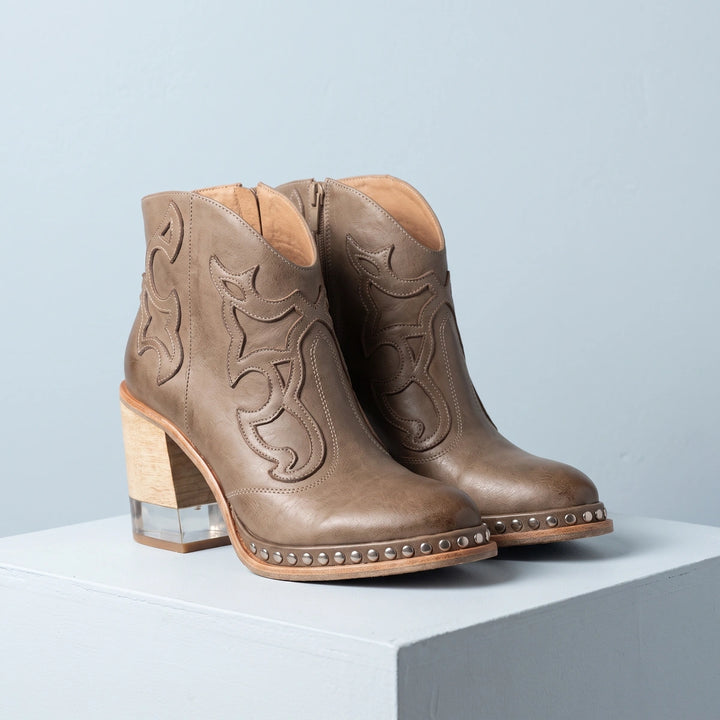 Delfina Stitched Western Wood Heel Studded Booties - Brown