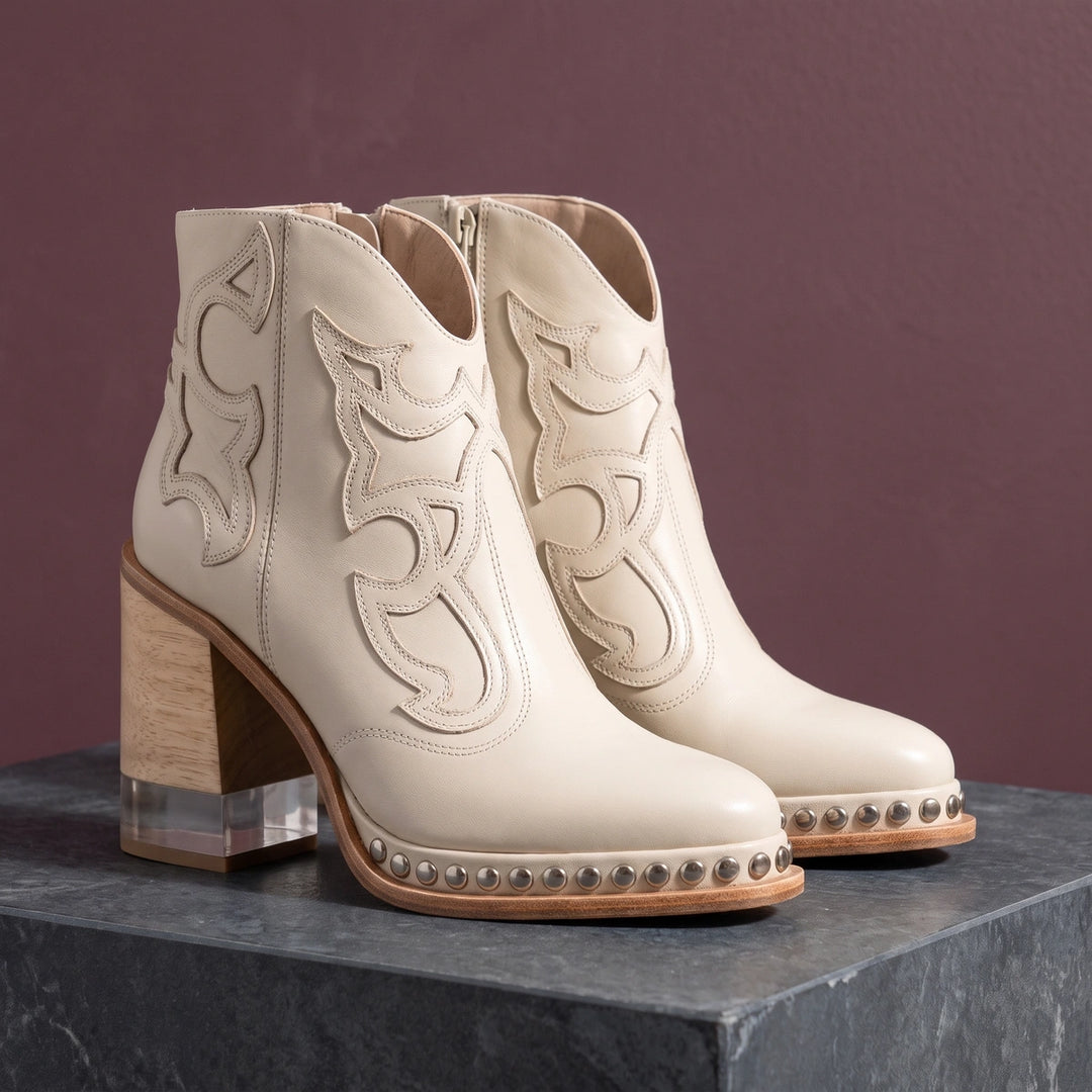 Delfina Stitched Western Wood Heel Studded Booties - White