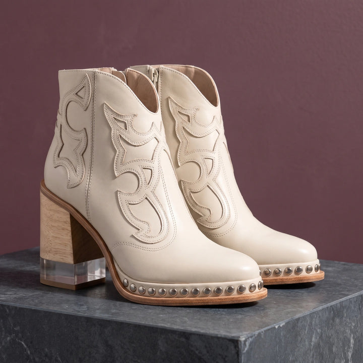 Delfina Stitched Western Wood Heel Studded Booties - White