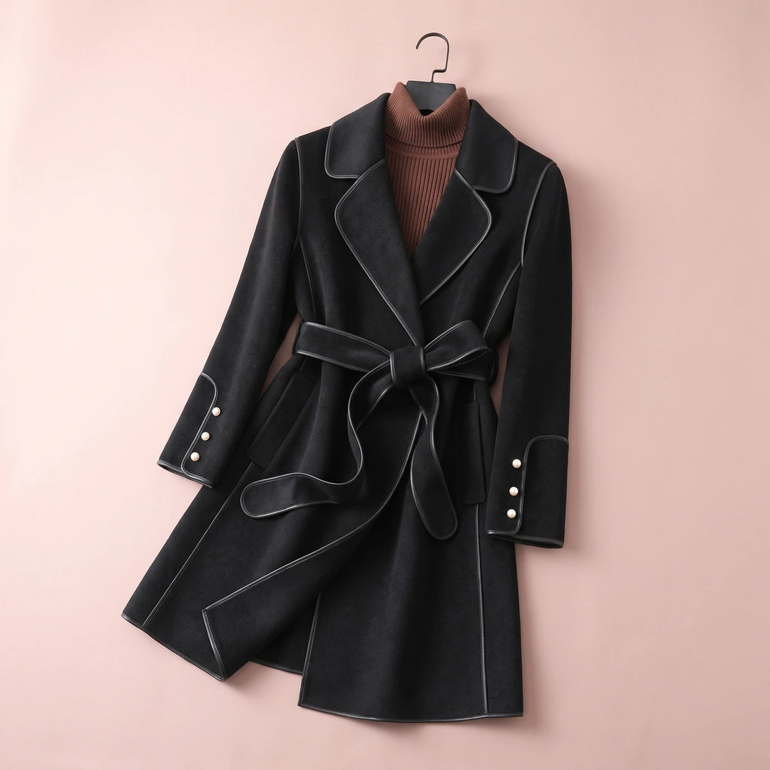Delphina Belted Piped Wool Wrap Coat - Black