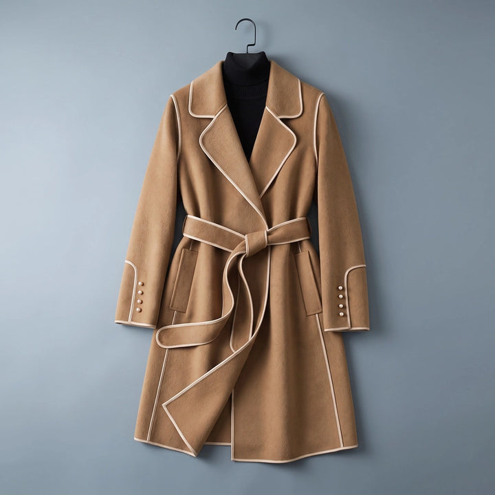 Delphina Belted Piped Wool Wrap Coat - Camel