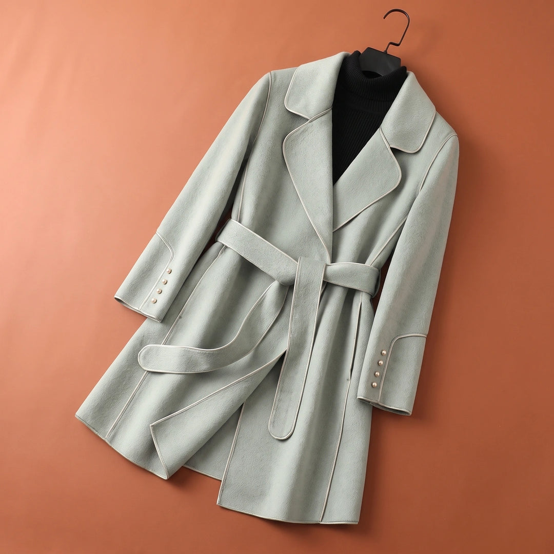 Delphina Belted Piped Wool Wrap Coat - Sage