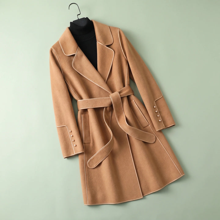 Delphina Belted Piped Wool Wrap Coat - Tan