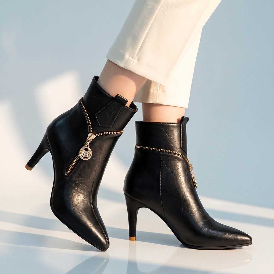 Denise Ring Charm Zip Stiletto Ankle Boots - Black
