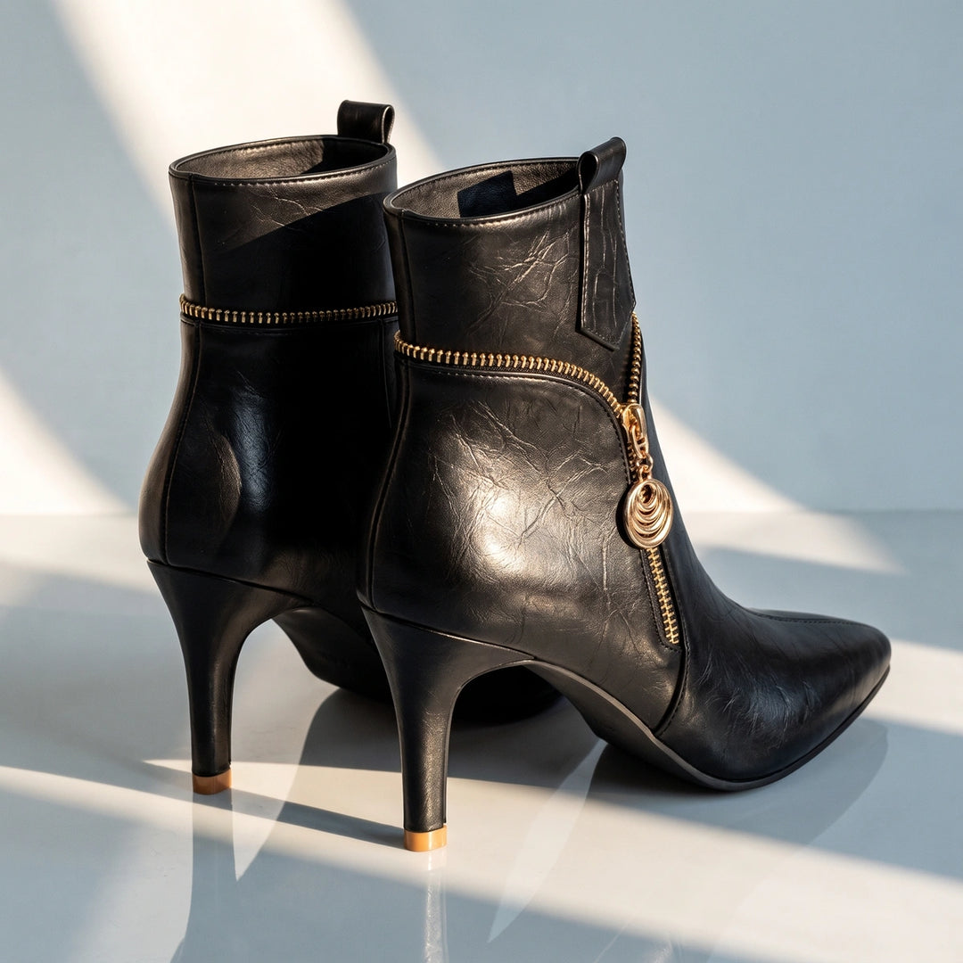 Denise Ring Charm Zip Stiletto Ankle Boots - Black