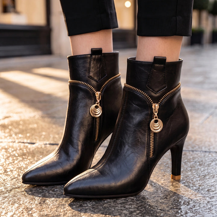 Denise Ring Charm Zip Stiletto Ankle Boots - Black