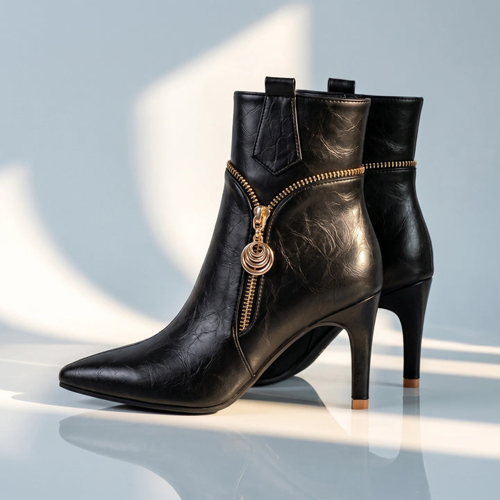 Denise Ring Charm Zip Stiletto Ankle Boots - Black