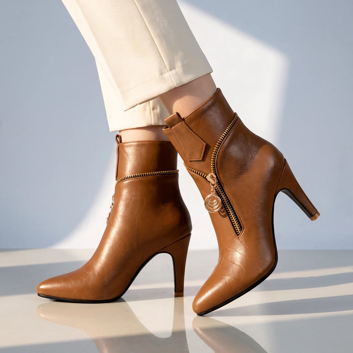 Denise Ring Charm Zip Stiletto Ankle Boots - Brown