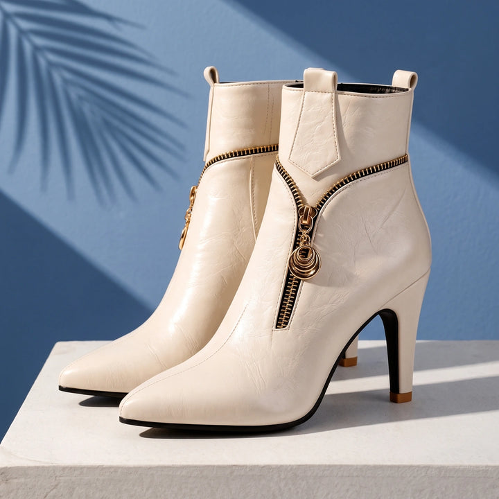 Denise Ring Charm Zip Stiletto Ankle Boots - Cream