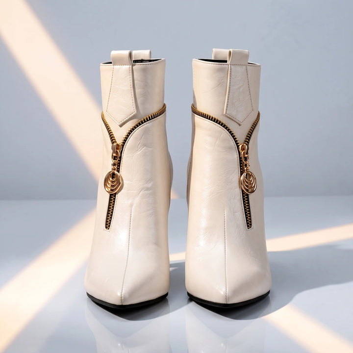 Denise Ring Charm Zip Stiletto Ankle Boots - Cream