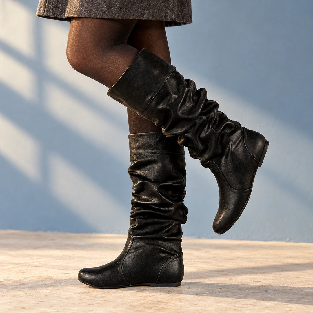 Dolores Vegan Leather Slouchy Knee High Boots - Black