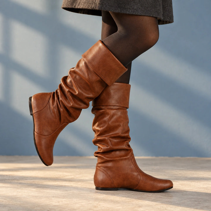 Dolores Vegan Leather Slouchy Knee High Boots - Brown