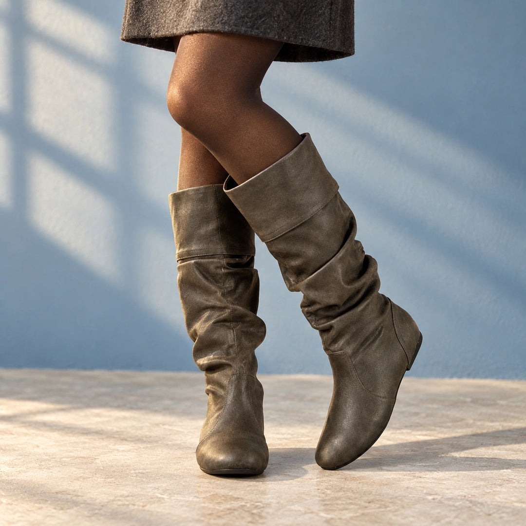 Dolores Vegan Leather Slouchy Knee High Boots - Gray