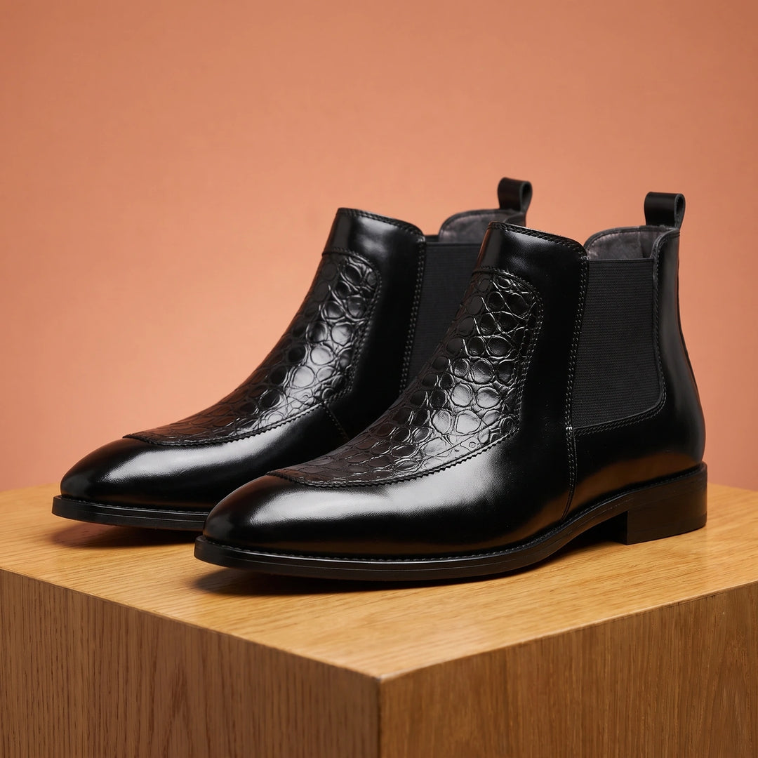 Domenico Croc Panel Polished Leather Chelsea Boots - Black