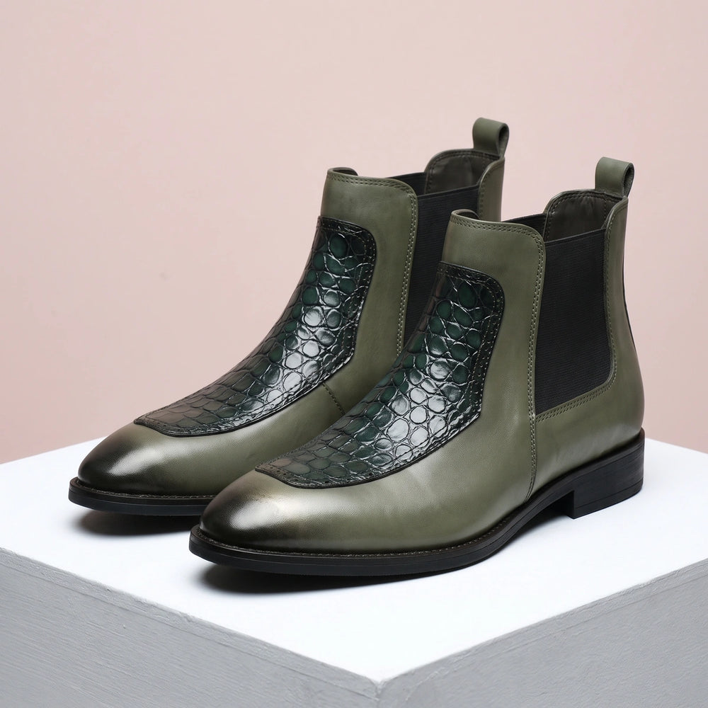 Domenico Croc Panel Polished Leather Chelsea Boots - Olive Green