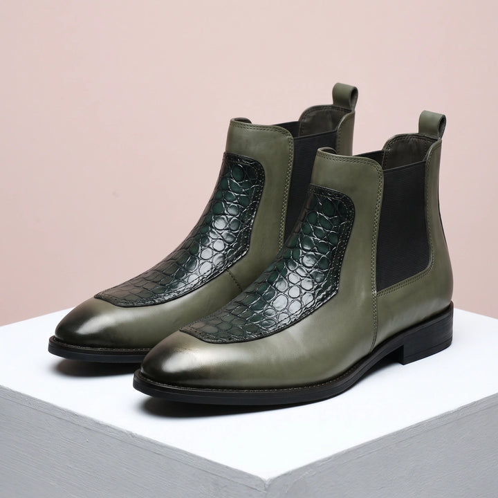 Domenico Croc Panel Polished Leather Chelsea Boots - Olive Green
