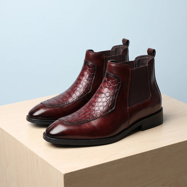 Domenico Croc Panel Polished Leather Chelsea Boots - Wine Red