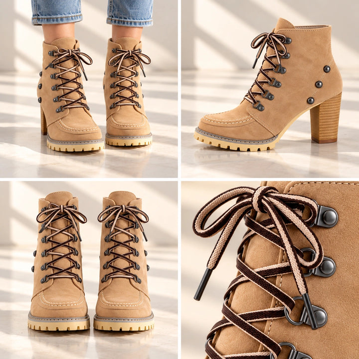 Donna Studded Lace-Up Lug Sole Heeled Ankle Boots - Camel