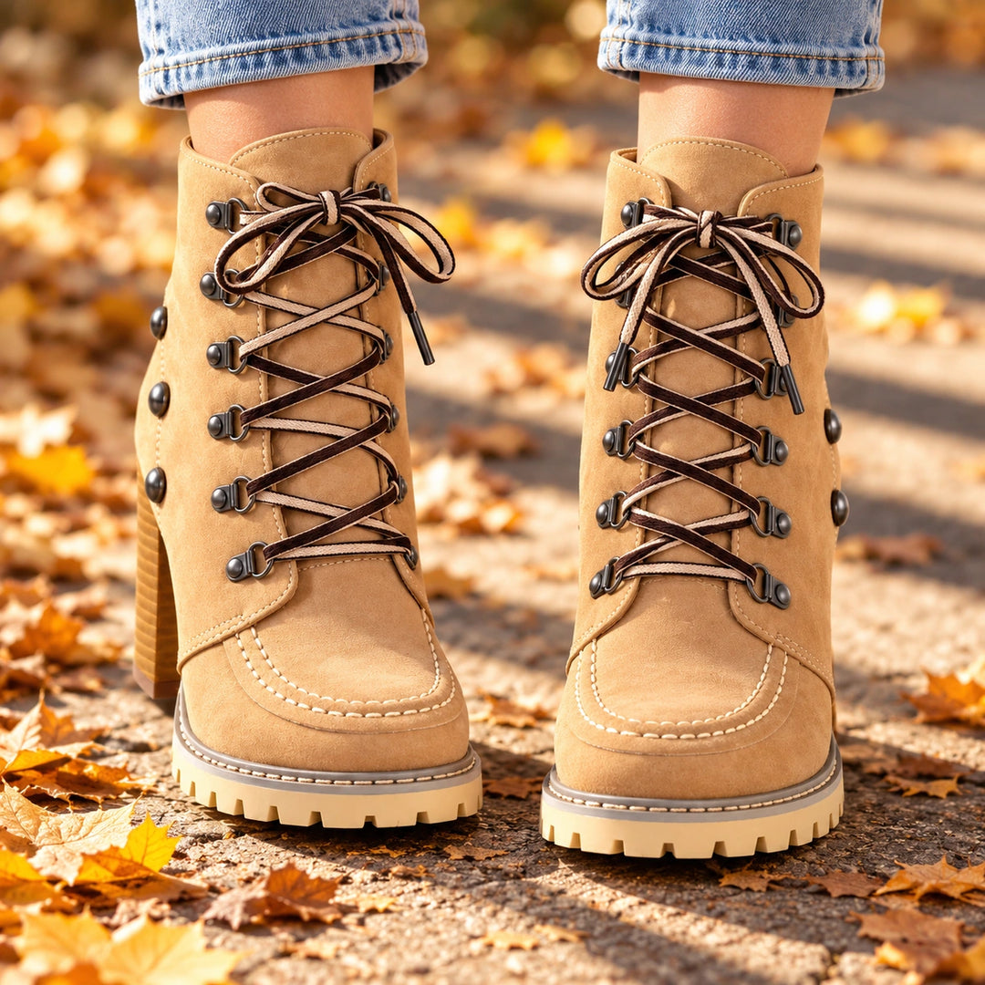 Donna Studded Lace-Up Lug Sole Heeled Ankle Boots - Camel