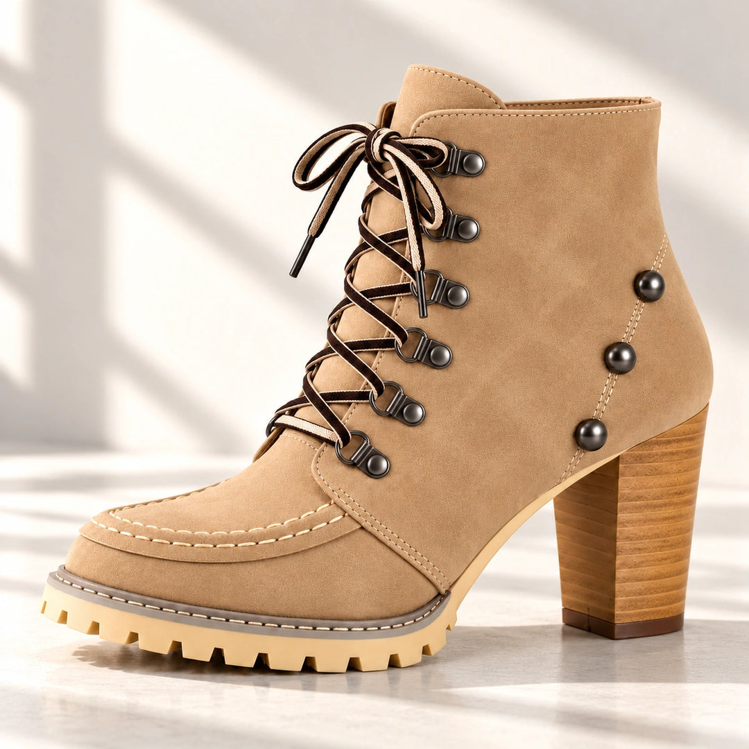 Donna Studded Lace-Up Lug Sole Heeled Ankle Boots - Camel