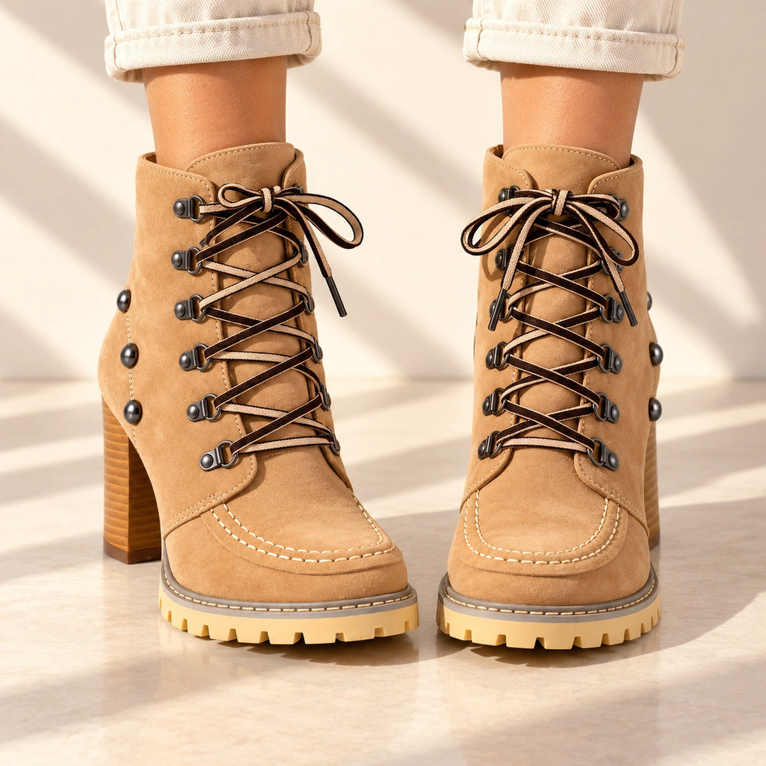 Donna Studded Lace-Up Lug Sole Heeled Ankle Boots - Camel