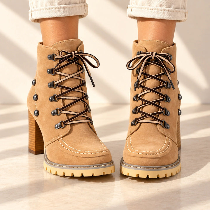 Donna Studded Lace-Up Lug Sole Heeled Ankle Boots - Camel