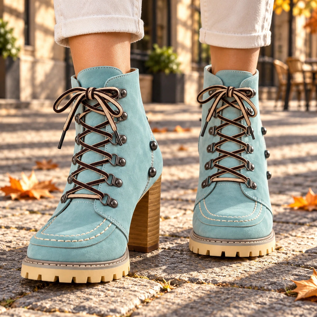 Donna Studded Lace-Up Lug Sole Heeled Ankle Boots - Mint