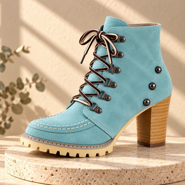 Donna Studded Lace-Up Lug Sole Heeled Ankle Boots - Mint